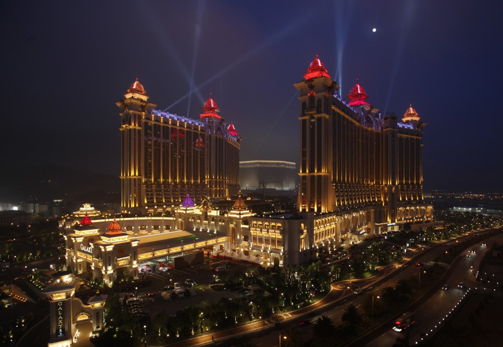Galaxy Macau is lit up in the evening after it opened for business in Macau